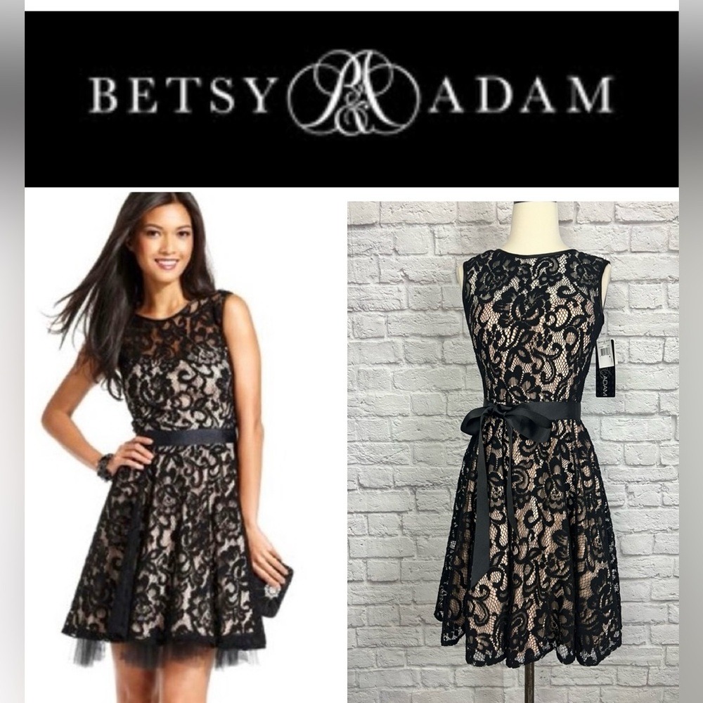 NWT Betsy & Adam Black Lace cocktail dress size 4
